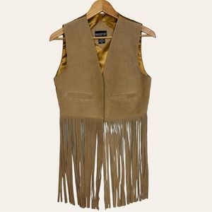 Genuine Leather Suede Boho Western Fringe Open Cropped Vest Tan Festival Rodeo
